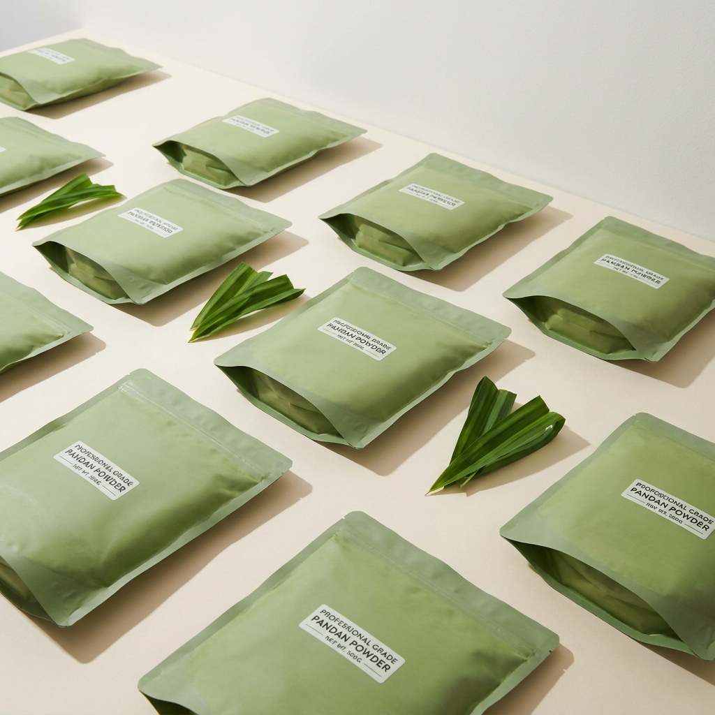 Approvisionnement et régularité qualité : sacs de pandan scellés alignés, Maison Pandan