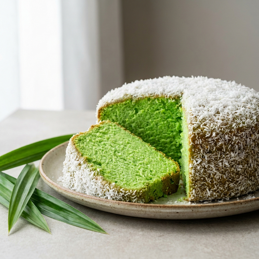 Gâteau pandan-coco moelleux tranché révélant la mie verte naturelle, poudre de pandan Maison Pandan