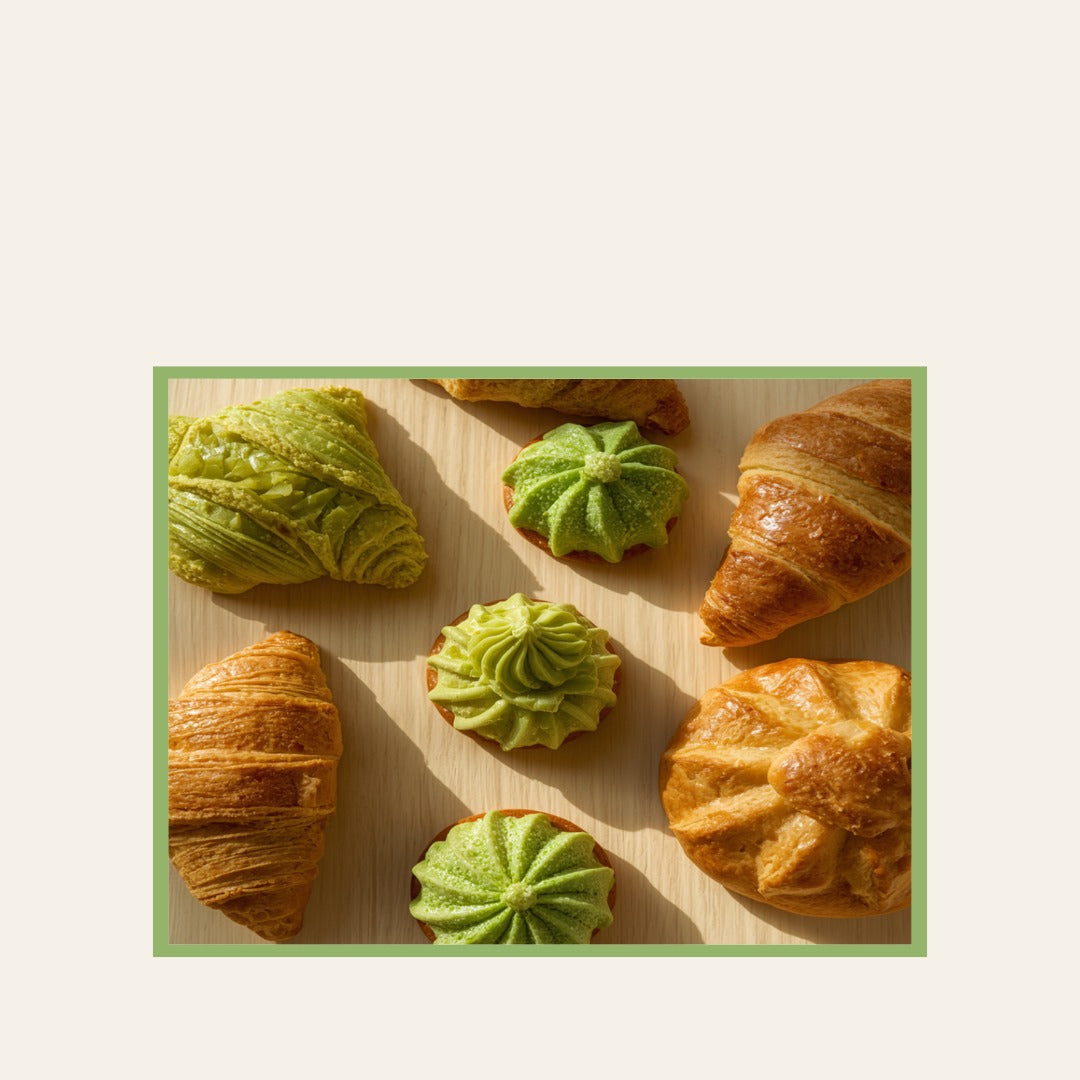 Viennoiseries et pâtisseries artisanales au pandan sur fond crème
