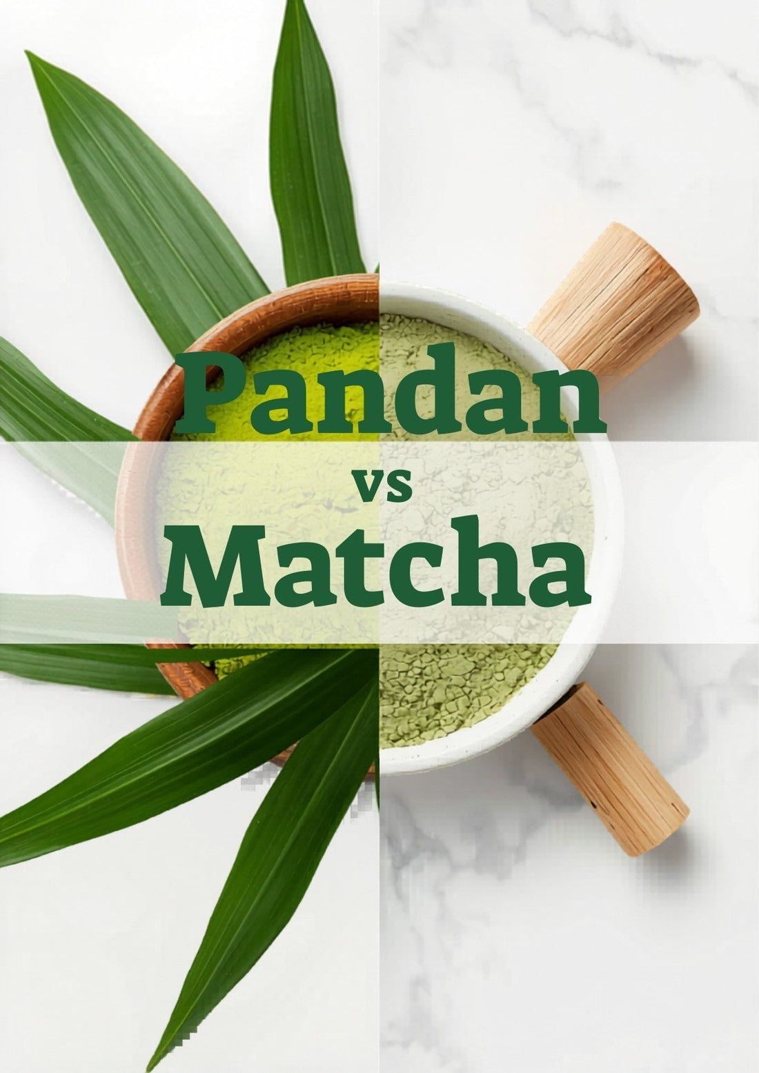 Pandan powder vs matcha powder comparison – two green powders side by side on white marble background