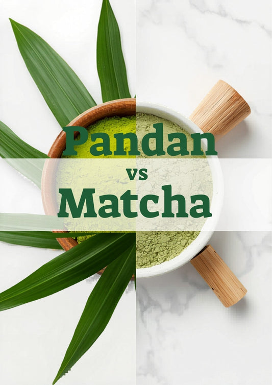 Pandan powder vs matcha powder comparison – two green powders side by side on white marble background