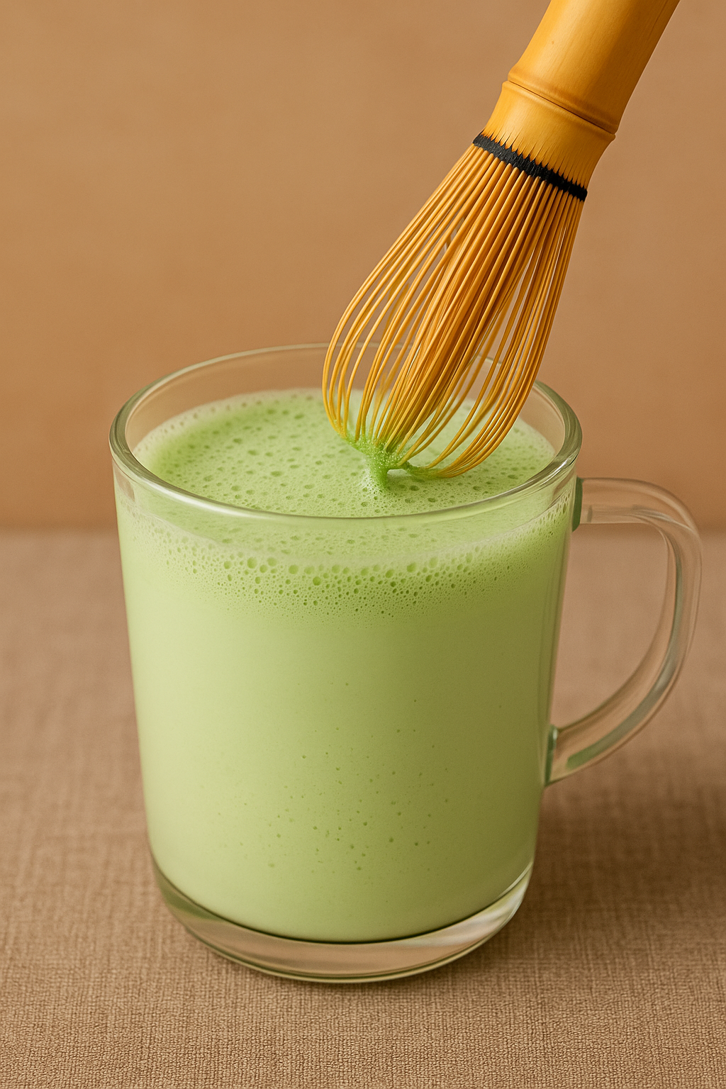 Zubereitung eines hausgemachten Pandan-Latte mit schaumiger Konsistenz mit dem Bambusquirl