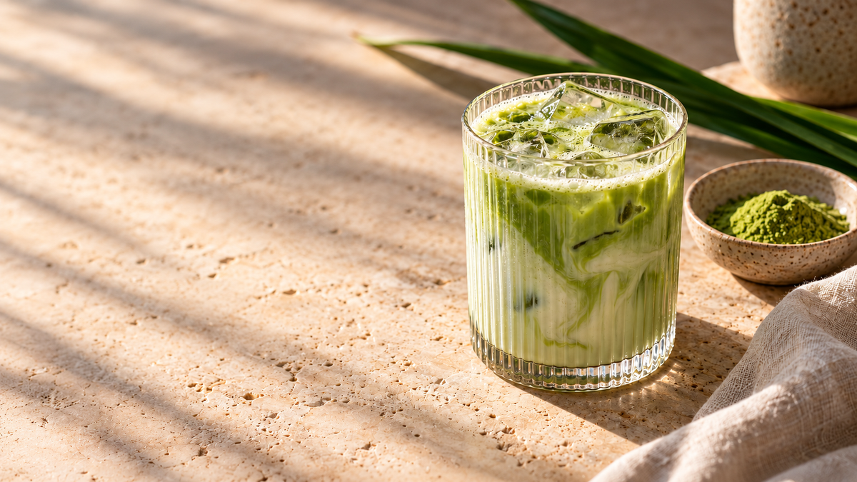 Latte glacé au pandan, feuilles de pandan et poudre sur une table claire.